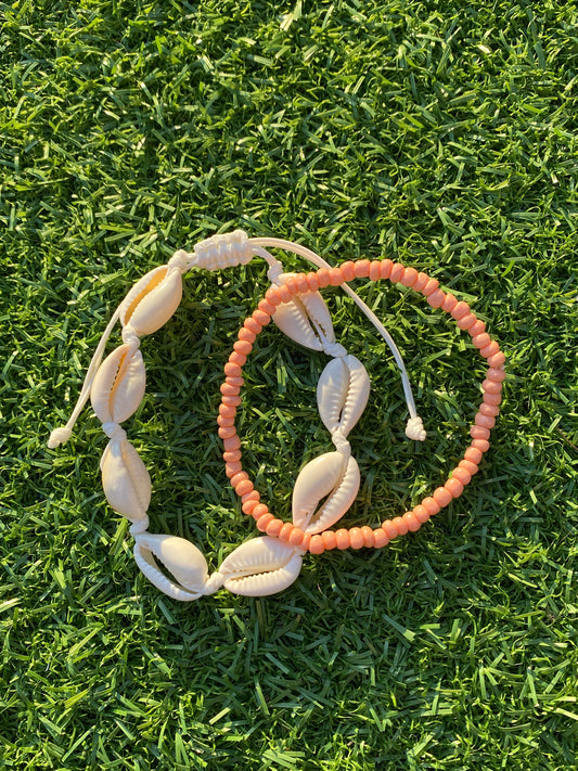 Coral Seashell Bracelet Duo