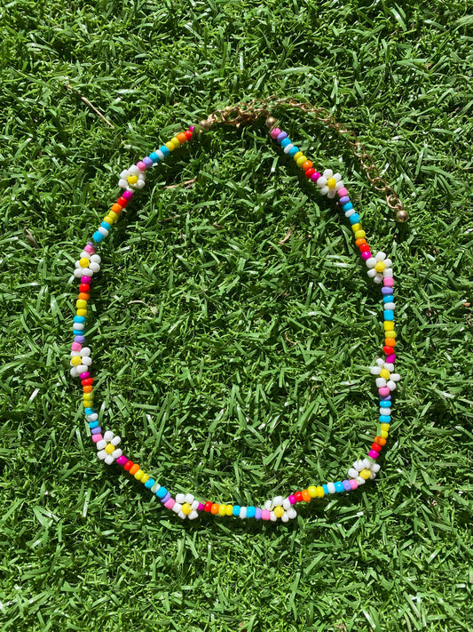 Rainbow Beaded Flower Necklace